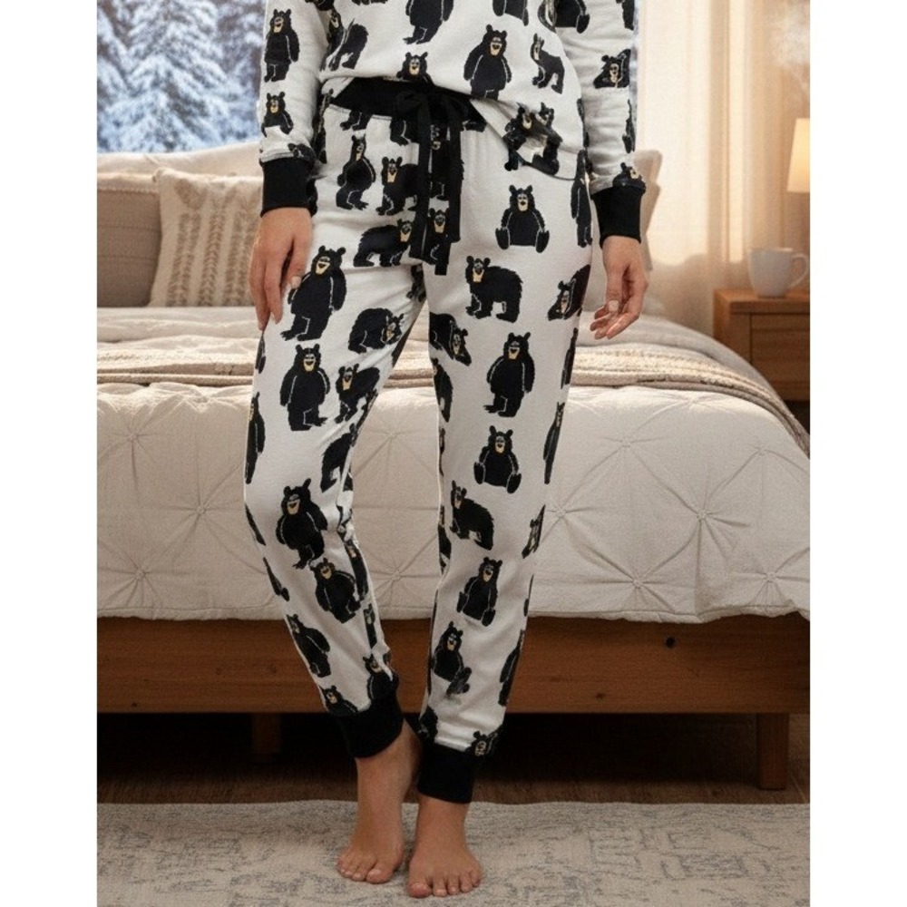 Lazy One PJ Legging Women's Size M Black Cute‎ Bear Pajama Pants Cozy Loungewear